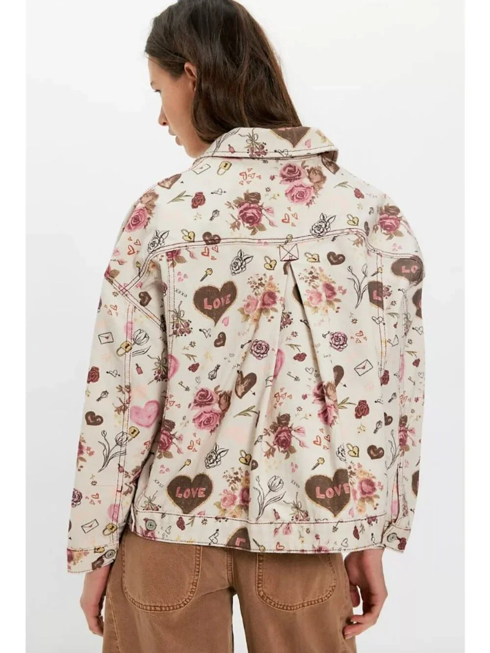 Free People Swing Printed Denim Jacket Graffiti Hearts Floral Print Size XS - Picture 3 of 6